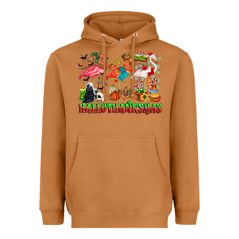Happy Hallothanksmas Flamingo Heavyweight Hoodie by CowhideDigitalArt | Teevron