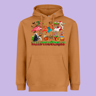 Happy Hallothanksmas Flamingo Heavyweight Hoodie Designed By Cowhidedigitalart