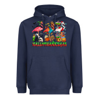 Navy happy hallothanksmas flamingo Heavyweight Hoodie - CowhideDigitalArt
