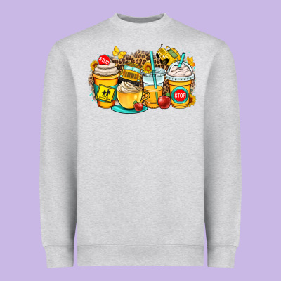 School Bus Coffee Cups Heavyweight Sweatshirt Designed By Oliviacreatesart
