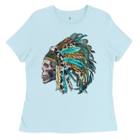 Baby Blue western indian headdress with skull Ladies Tee - RanaPortraitStore
