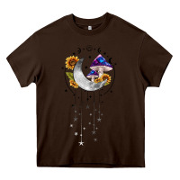 Chocolate Brown moon and mushrooms with sunflower Heavy Core Tee - MaliasSmallBusiness