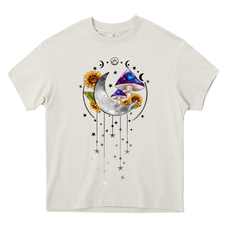 Moon And Mushrooms With Sunflower Heavy Core Tee by MaliasSmallBusiness | Teevron