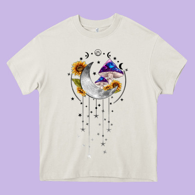 Moon And Mushrooms With Sunflower Heavy Core Tee Designed By Maliassmallbusiness