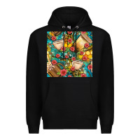 Black honey and bee coffee cup with flowers and leopard seamless pattern bbs Premium Hoodie - BundleAndBundleShop