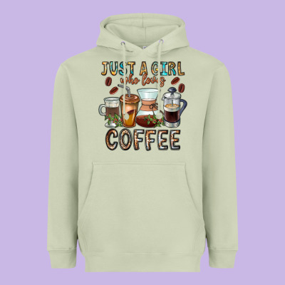 Just A Girl Who Loves Coffee Heavyweight Hoodie Designed By Cowhidedigitalart