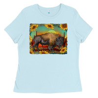 Baby Blue western bison with sunset background Ladies Tee - RanaPortraitStore
