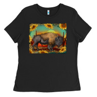 Black western bison with sunset background Ladies Tee - RanaPortraitStore