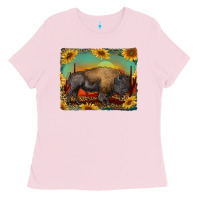 Bubblegum Pink western bison with sunset background Ladies Tee - RanaPortraitStore