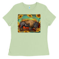 Matcha western bison with sunset background Ladies Tee - RanaPortraitStore