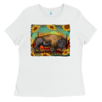 White western bison with sunset background Ladies Tee - RanaPortraitStore