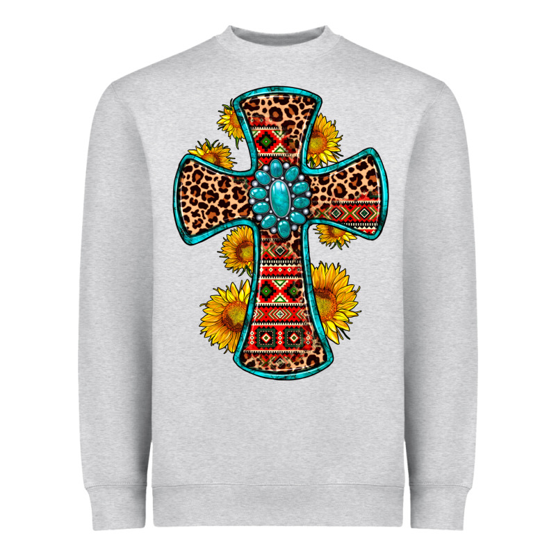 Gemstone Sunflower Leopard Cross Heavyweight Sweatshirt by OliviaCreatesArt | Teevron