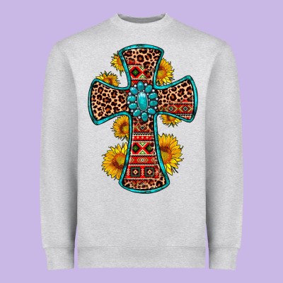 Gemstone Sunflower Leopard Cross Heavyweight Sweatshirt Designed By Oliviacreatesart