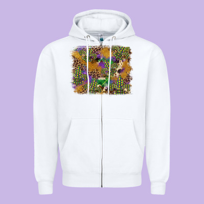 Mardi Gras Plaid Purple Glitter Cowhide  Leopard Zipper Hoodie Designed By Fadigitalartstudio