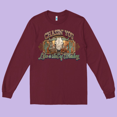 Chasin You Like A Shot Of Whiskey Bull Skull Long Sleeve Tee Designed By Howdyjamesfarm