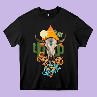 Free Spirit Bull Skull Heavy Core Tee Designed By Maliassmallbusiness