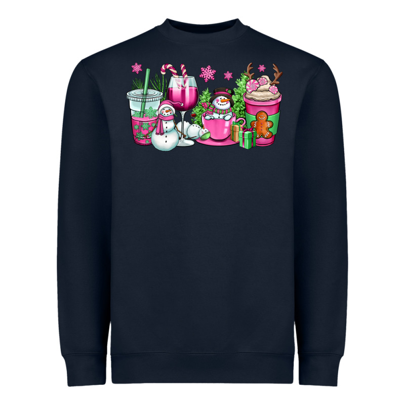 Pink Christmas Snowman Coffee Cups Heavyweight Sweatshirt by OliviaCreatesArt | Teevron