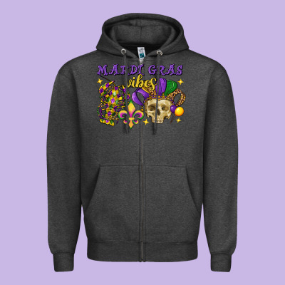 Mardi Gras Vibes Skull Zipper Hoodie Designed By Fadigitalartstudio
