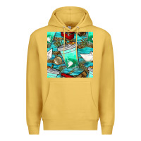 Antique Gold fish coffee cups and reeds with paper boat and leopard lake seamless p Premium Hoodie - BundleAndBundleShop