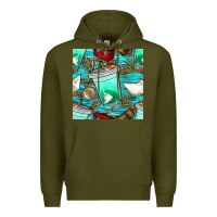 Army Green fish coffee cups and reeds with paper boat and leopard lake seamless p Premium Hoodie - BundleAndBundleShop