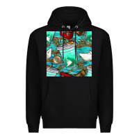 Black fish coffee cups and reeds with paper boat and leopard lake seamless p Premium Hoodie - BundleAndBundleShop