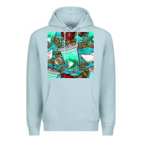 Blue Mist fish coffee cups and reeds with paper boat and leopard lake seamless p Premium Hoodie - BundleAndBundleShop