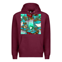 Burgundy fish coffee cups and reeds with paper boat and leopard lake seamless p Premium Hoodie - BundleAndBundleShop