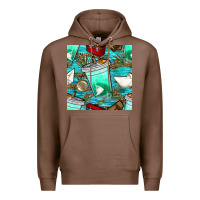 Chestnut fish coffee cups and reeds with paper boat and leopard lake seamless p Premium Hoodie - BundleAndBundleShop