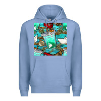Colony Blue fish coffee cups and reeds with paper boat and leopard lake seamless p Premium Hoodie - BundleAndBundleShop