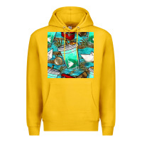 Lemon fish coffee cups and reeds with paper boat and leopard lake seamless p Premium Hoodie - BundleAndBundleShop