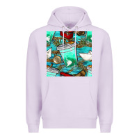 Lilac fish coffee cups and reeds with paper boat and leopard lake seamless p Premium Hoodie - BundleAndBundleShop