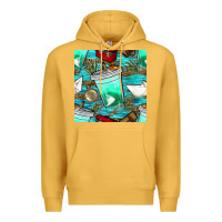 Mustard fish coffee cups and reeds with paper boat and leopard lake seamless p Premium Hoodie - BundleAndBundleShop