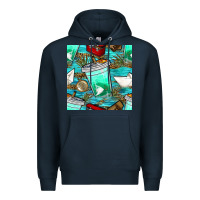 Navy fish coffee cups and reeds with paper boat and leopard lake seamless p Premium Hoodie - BundleAndBundleShop