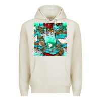 Oatmeal Heather fish coffee cups and reeds with paper boat and leopard lake seamless p Premium Hoodie - BundleAndBundleShop