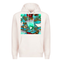 Pale Pink fish coffee cups and reeds with paper boat and leopard lake seamless p Premium Hoodie - BundleAndBundleShop