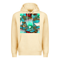 Pina Colada fish coffee cups and reeds with paper boat and leopard lake seamless p Premium Hoodie - BundleAndBundleShop