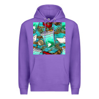 Purple fish coffee cups and reeds with paper boat and leopard lake seamless p Premium Hoodie - BundleAndBundleShop