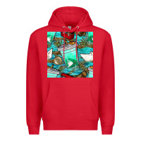 Red fish coffee cups and reeds with paper boat and leopard lake seamless p Premium Hoodie - BundleAndBundleShop