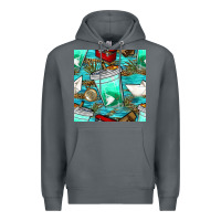 Rock fish coffee cups and reeds with paper boat and leopard lake seamless p Premium Hoodie - BundleAndBundleShop
