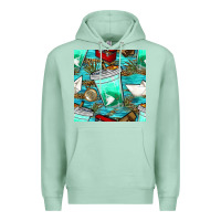 Seafoam fish coffee cups and reeds with paper boat and leopard lake seamless p Premium Hoodie - BundleAndBundleShop