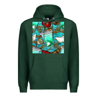 Sports Green fish coffee cups and reeds with paper boat and leopard lake seamless p Premium Hoodie - BundleAndBundleShop