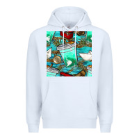 White fish coffee cups and reeds with paper boat and leopard lake seamless p Premium Hoodie - BundleAndBundleShop
