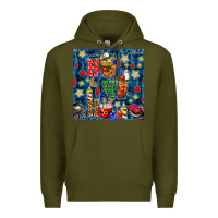 Army Green christmas ho ho ho with coffee cups and ornaments with plaid seamless  Premium Hoodie - BundleAndBundleShop