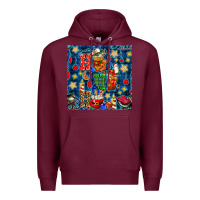 Burgundy christmas ho ho ho with coffee cups and ornaments with plaid seamless  Premium Hoodie - BundleAndBundleShop
