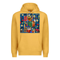 Mustard christmas ho ho ho with coffee cups and ornaments with plaid seamless  Premium Hoodie - BundleAndBundleShop
