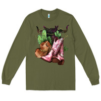 Army Green Cowgirl boots hat horns cactus Long Sleeve Tee - HowdyJamesFarm