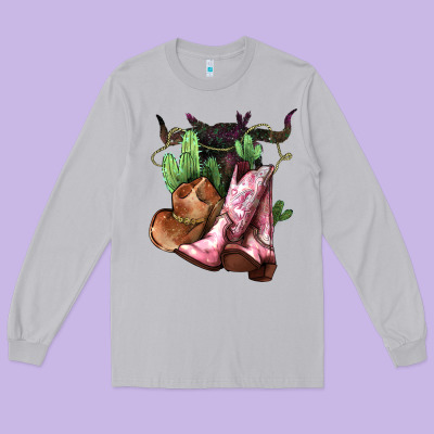 Cowgirl Boots Hat Horns Cactus Long Sleeve Tee Designed By Howdyjamesfarm