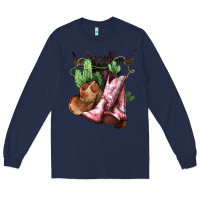 Navy Cowgirl boots hat horns cactus Long Sleeve Tee - HowdyJamesFarm