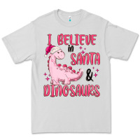 Dove Grey i believe in santa & dinosaurs pink Premium Tee - MaliasSmallBusiness