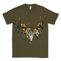 Army Green boho deer skull sunflowers and gemstone Classic Tee - RanaPortraitStore